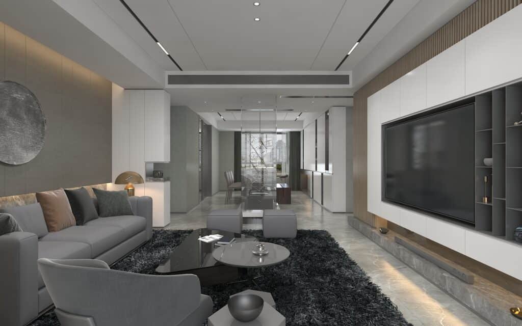 Çalışmalarımız | 3D Görselleştirme Projeleri 28 Şık ve modern oturma odası tasarımı, yüksek çözünürlüklü LED televizyon, minimalist mobilyalar ve lüks detaylar ile konfor ve estetiğin birleşimi.