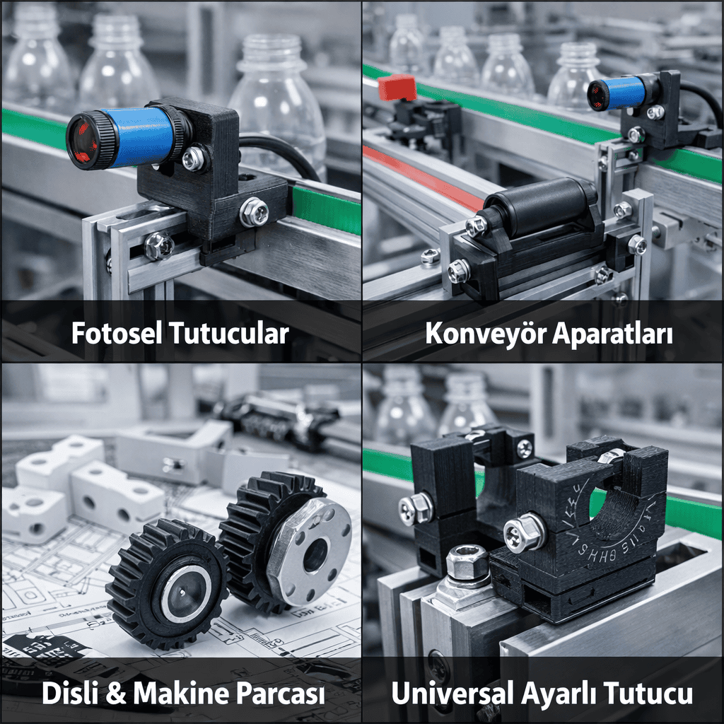 fotosel tutucu, konveyör aparatları, dişli ve makine parçaları universal ayarlı tutucu