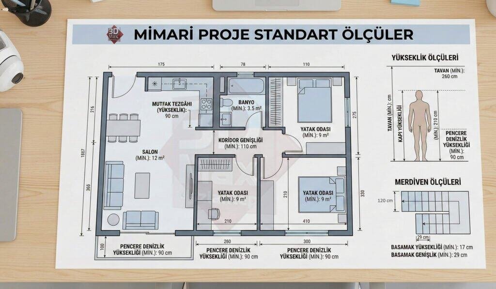 mimari-proje-standart-olculer-teknik-cizim 3D Max Gaziantep Türkiye'nin Eğitim Akademisi - Mimari Proje Standart Ölçüler Rehberi