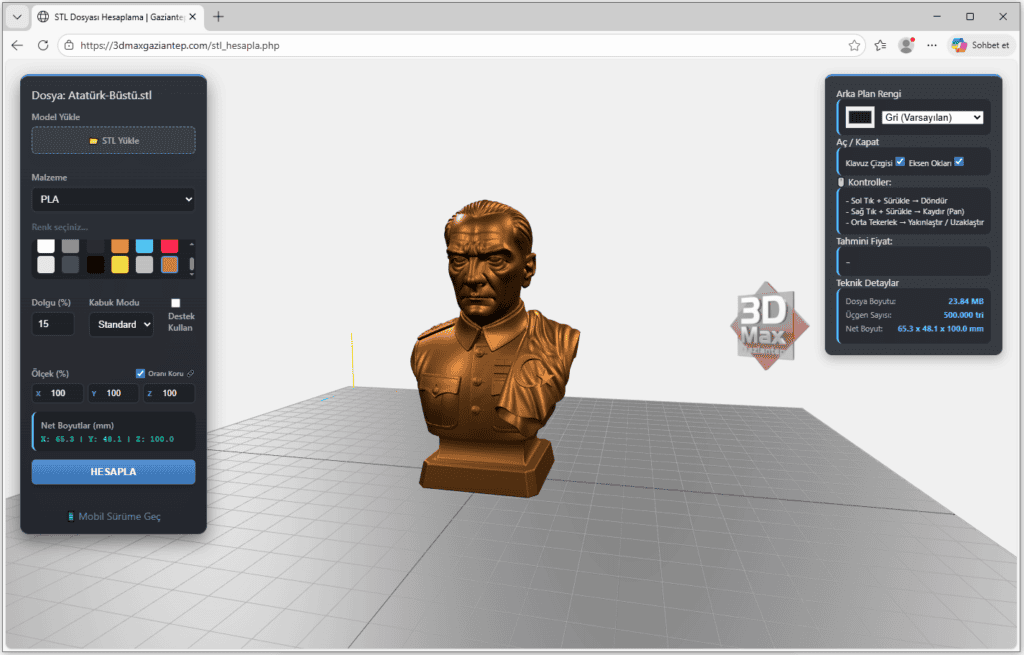 stl-hesapla-4 Heykel 3D Baskı Maliyeti Hesaplama - Atatürk Büstü